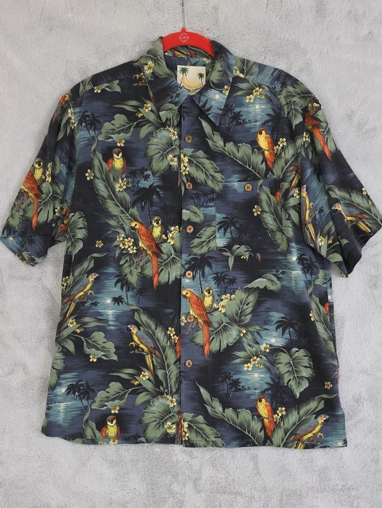 Banana Cabana Other - Banana Cabana 100% Silk Hawaiian Shirt Mens Medium Parrot Tropical Camp Aloha Bu